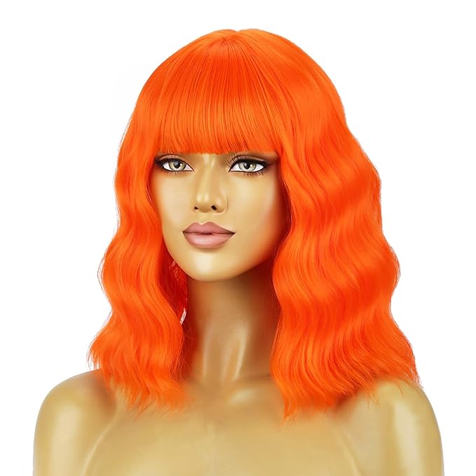 BERON 14 Inches Orange Wig with Bangs Short Bob Curly Wigs Ginger Orange Wigs for Women Girls
