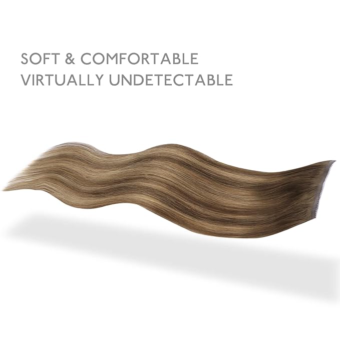WENNALIFE Lace Seamless Clip in Hair Extensions Human Hair 7pcs Ultra Invisible 50% Thinner Seamless Clip Ins Balayage Chocolate Brown to Caramel Blonde Natural Remy Hair 18 inch