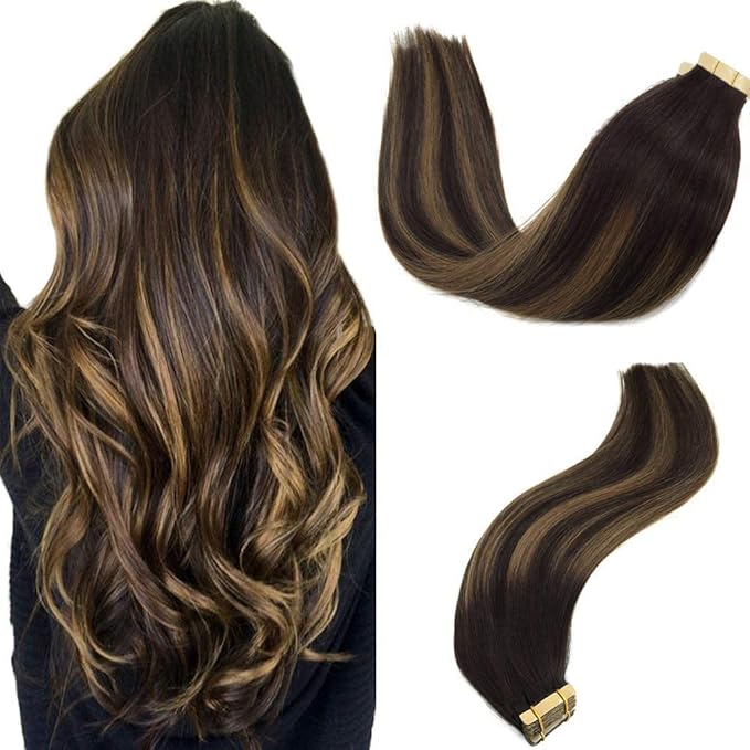 GOO GOO Tape in Hair Extensions Human Hair, 2/6/2 Balayage Dark Brown to Chestnut Brown, 26inch 60g 20pcs, Skin Weft Seamless Invisible, Silky Straight with Thick Ends, Remy Human Hair
