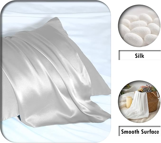 Natural Mulberry Silk Pillowcase for Hair and Skin Queen Size 20"X30" Silk Pillow Case with Hidden Zipper Soft Breathable Smooth Cooling Silk Pillow Covers for Sleeping(Silver Grey,Queen,1Pcs)