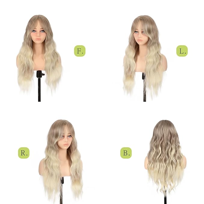 Long Wavy Ash Blonde Wig with Curtain Bangs for Women 26 Inch Synthetic Wig Natural Looking Heat Resistant Fiber Hair Wig for Daily Party Halloween Cosplay Use