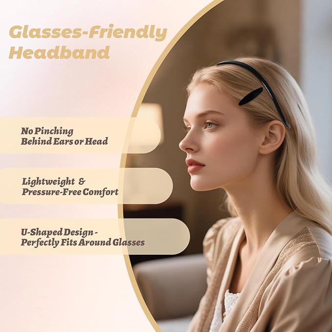 Hair Bands Eyewear-Friendly Design, Hairbands for Women - Non-Slip Thin Headbands with Teeth, No Pressure & No Headache Sunglasses Headband (Black)