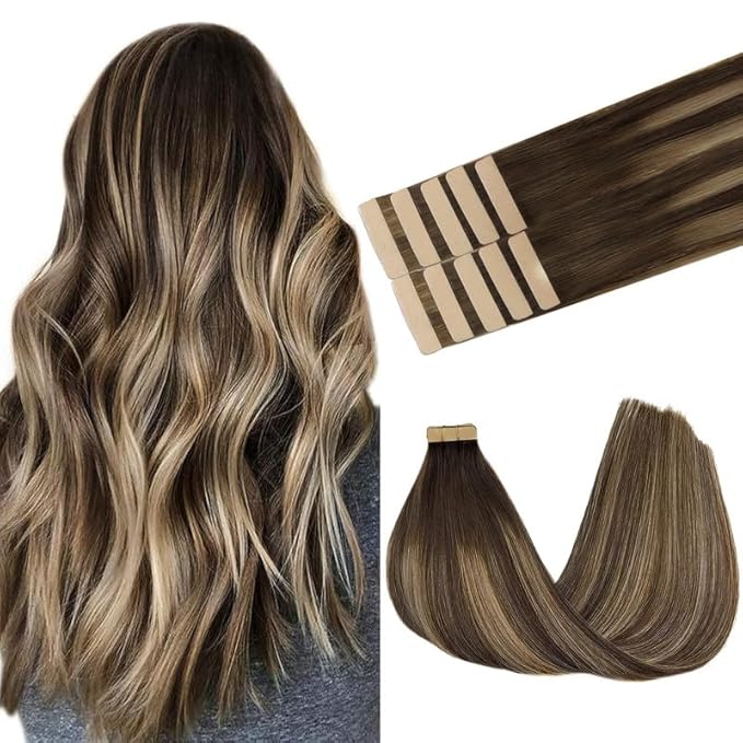 GOO GOO Tape in Hair Extensions Human Hair, 4/26/4 Balayage Chocolate Brown to Honey Blonde, 16inch 25g 10pcs, Skin Weft Seamless Invisible, Silky Straight with Thick Ends, Remy Human Hair