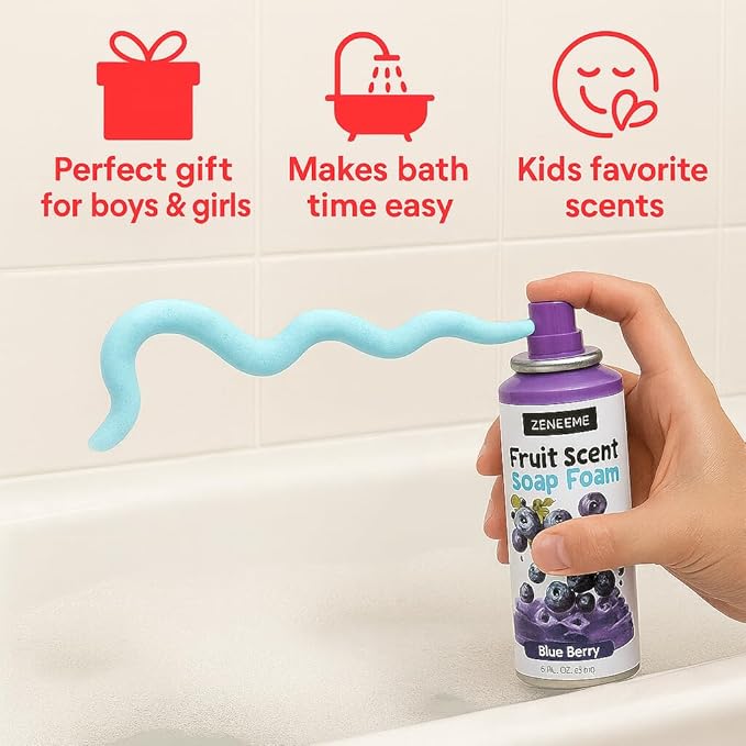 Bath Foam for Kids - 4-Pack Foam Soap for Kids - Soft, Fluffy, Scented Soap - Colorful to Build Fun Bath Art - Easy Spray Nozzles - Cherry, Mango, Blueberry, & Orange -3Oz cans