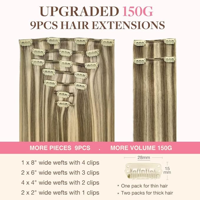GOO GOO Clip in Hair Extensions Real Human Hair, Remy Human Hair Extensions Clip ins for Women, Natural Human Hair, 20inch 150g 9Pcs, 8A/22 Medium Brown Highlighted Golden Blonde