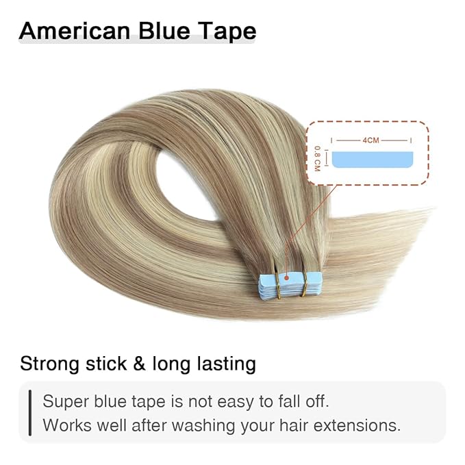 SUYYA Tape in Hair Extensions Human Hair Ash Blonde Highlighted Bleach Blonde 30 Inch 60g/pack 20pcs Straight Seamless Skin Weft Tape in Real Human Hair Extensions (30 inch #P18/613)