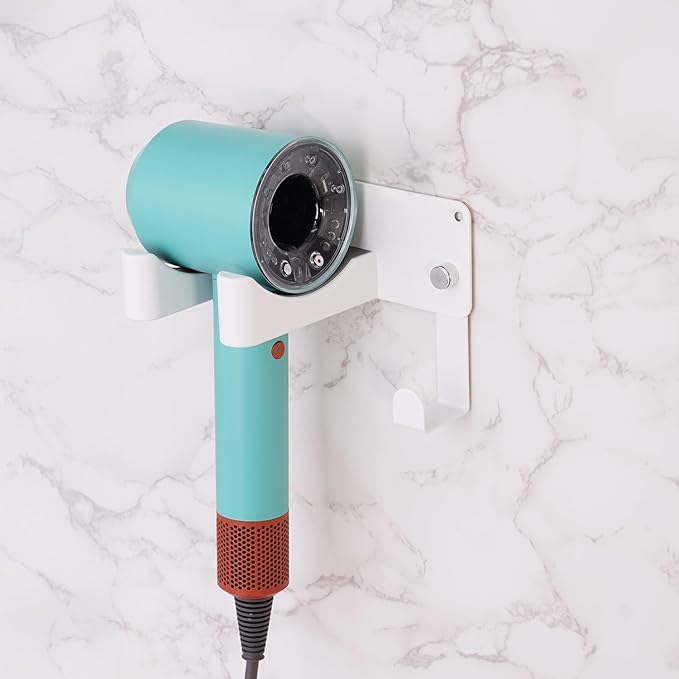 Hair Dryer Holder, Aluminum Alloy Blow Dryer Holder with Adhesive/Screw Installation, Universal Hair Dryer Wall Mount Compatible with Dyson Hairdryer Holder for Bathroom White UEMUSI