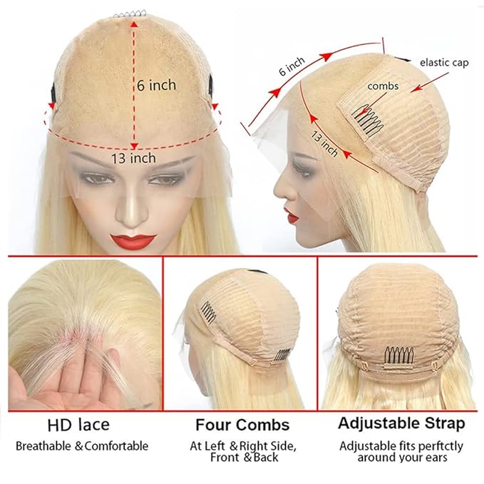 613 Blonde Human Hair Wigs 13X6 HD Transparent Lace Front Body Wave Wigs with Baby Hair for Black Women Pre Plucked Brazilian Virgin Hair Wig 180% Density 20 Inch