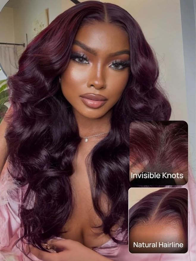 KLAIYI Black Cherry Loose Body Wave Pre Eeverything 13x4 Lace Frontal Wigs Human Hair Bye Bye Knots Glueless Ready to Wear and Go Wig with Face Framing Bangs Drawstring Pre Plucked Burgundy Wig 26Inch