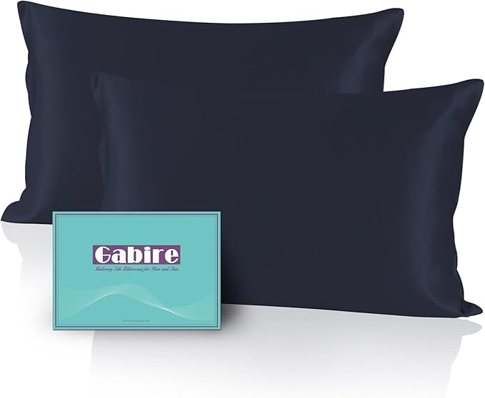 Mulberry Silk Pillowcases Set of 2, Both Sides Real Silk Pillowcase for Hair and Skin Prevent Acne Pillowcase Organic Silk Pillow case 2 Pack with Hidden Zipper, Navy Blue, Standard (20"×26")