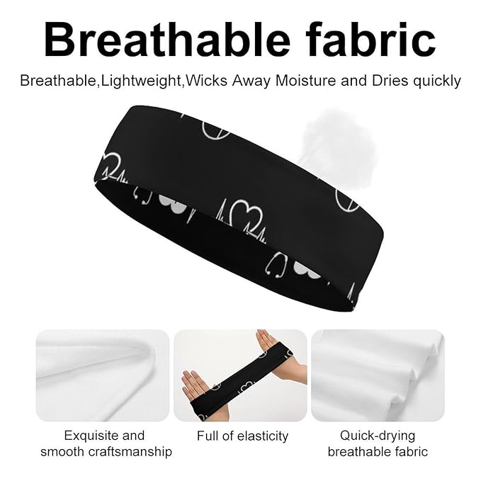 Love Heart Nurse Heartbeat Designed Black And White Headbands for Men & Women Sweat Headband Non Slip Sweatband for Running Cycling Yoga Basketball Workout