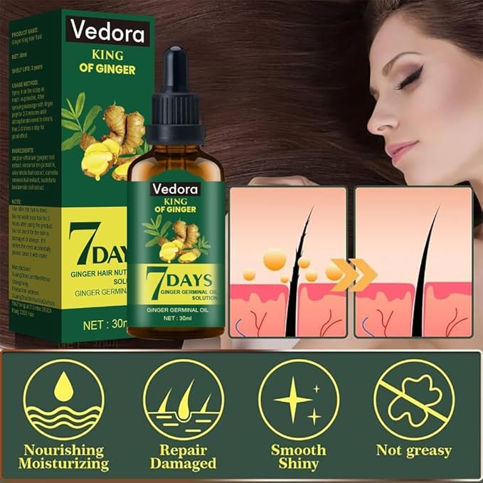 Vedora Ginger Oil for Hair Growth - Biotin Hair Growth Serum, 100% Pure Natural Ginger Essential Oil - Promotes Stronger, Thicker, Longer Hair in Women & Men - 3.0 Fl Oz / 90ML (3pc+Roller)