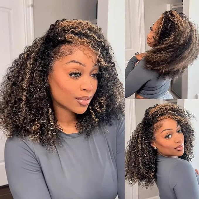 Half Wig Human Hair 250% Density Ombre Kinky Curly Wear Go Glueless Wigs Human Hair Balayage Highlight 3 In 1 Half Wig With Adjustable String Flip Over Beginner Friendly Invisible Hairline