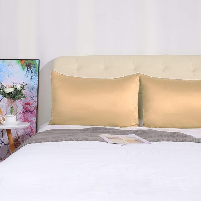uxcell 2 Pack Silk Satin Pillowcase for Hair and Skin, Cool, Silky, Soft Breathable Pillow Cases Queen Size 20x30 Inch Sateen Pillowcase Caramel with Envelope Closure