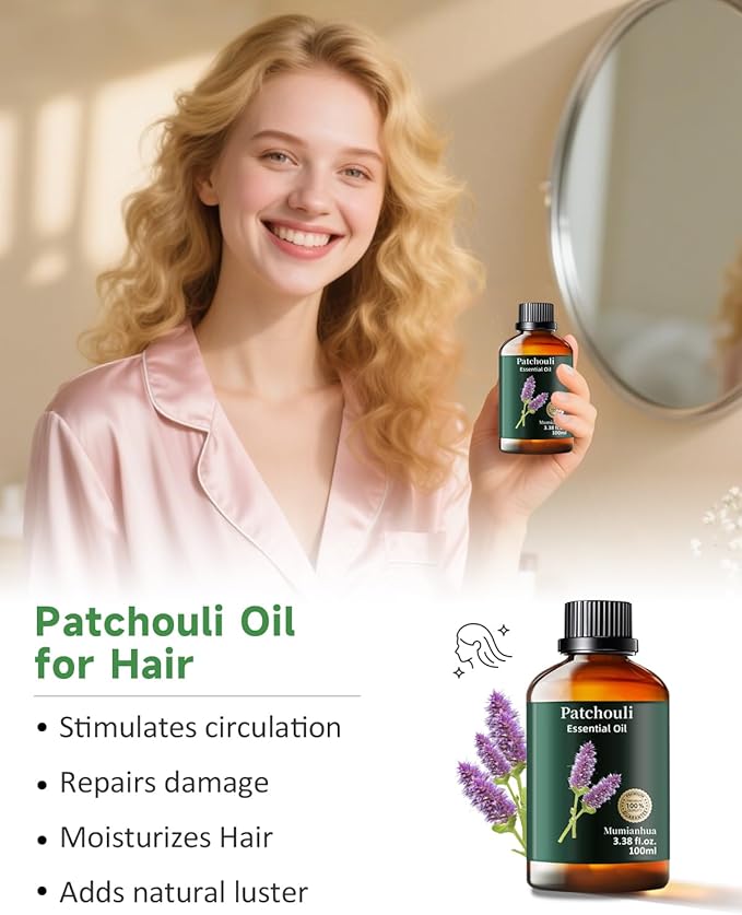 Pure Patchouli Essential Oil for Outdoor Shield, Natural Protective Blends, Earthy Aroma for Reed Diffuser, Room Spray, Hair, Skin Care, Candle, Soap Making, Mumianhua 3.38 Fl Oz