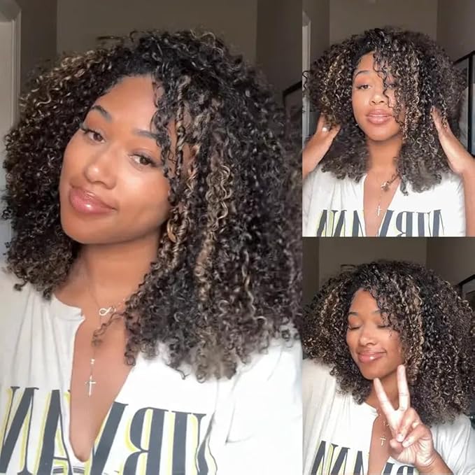3 In 1 Half Wig Human Hair Afro Kinky Curly Wig Balayage Highlight Ombre Brown 250% Density Glueless Wigs Human Hair Comfortable Fit No Glue Needed Wear & Go Seamless Clip In Wigs 20 Inch