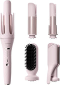 5 in 1 Auto Curling Iron Set with Interchangeable Barrels - 1", 1.25", 1.5" Curling Wand, Hair Crimper & Straightening Brush, Rotating Ceramic Curler, 3 Temp, Dual Voltage, Anti-Scald, Pink