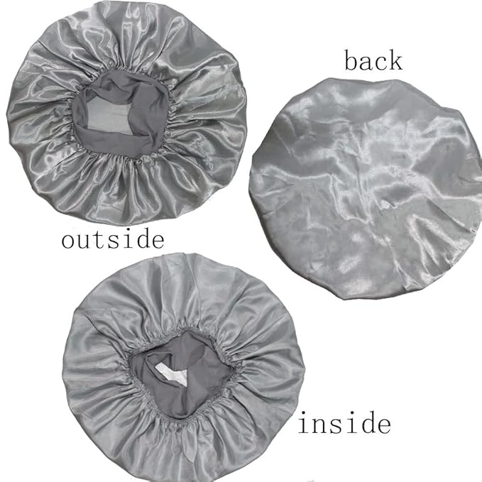 VEYRNEIC Hair Satin Bonnet for Sleeping Shower Caps Silk Chemo Caps with Wide Elastic Band Night Sleep Cap Bonnets for Black Women Braids with Satin Storage Bag (Silver)