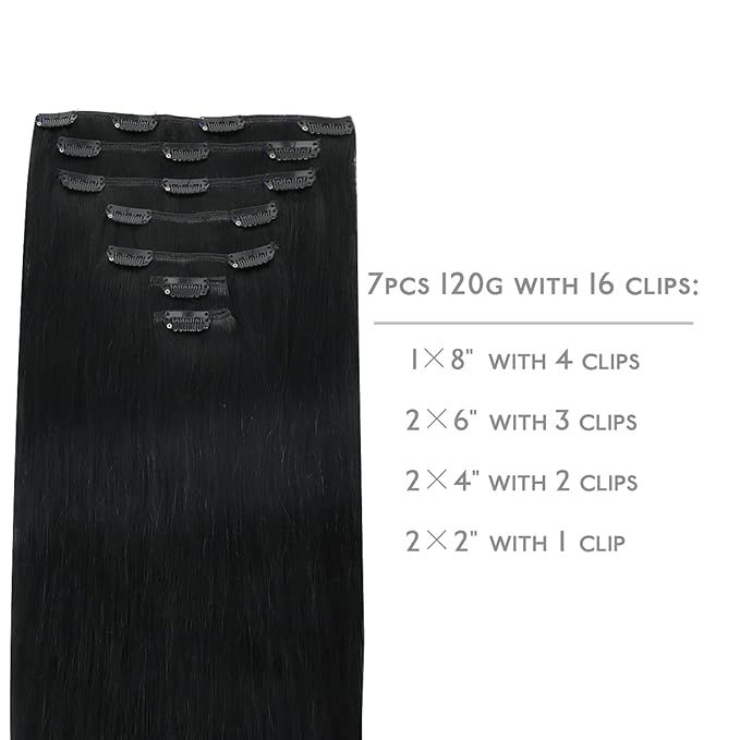 WENNALIFE Clip in Hair Extensions Real Human Hair, 22 Inch 130g 7pcs Remy Hair, Jet Black Straight Natural Extensiones De Cabello Humano Con Clip Ins