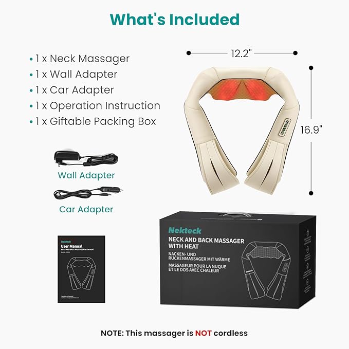Nekteck Neck Massager for Pain Relief Deep Tissue, FSA Eligible Shiatsu Back Massager with Heating 3D Kneading Massage Pillow for Shoulder Leg Muscle, Office Home Car Use, HSA Eligible, Plug-in Use