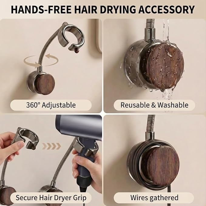 Hands Free Hair Dryer Holder, Suction Cup Wall Mount Blow Dryer Holder Stand with Flexible Adjustable Neck, 360° Rotation, Quick Install on Smooth Surfaces - for Bathroom Organization, Apartments & Dorms