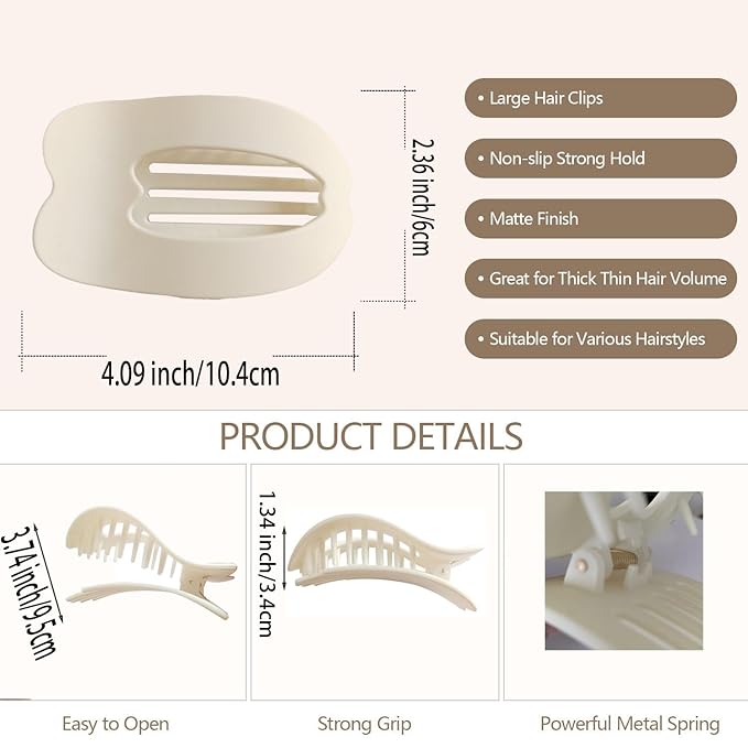 Women Flat Hair Clips,4-Pack French Large Matte Non-Slip Claw Hair Clips for Thick or Thin Hair