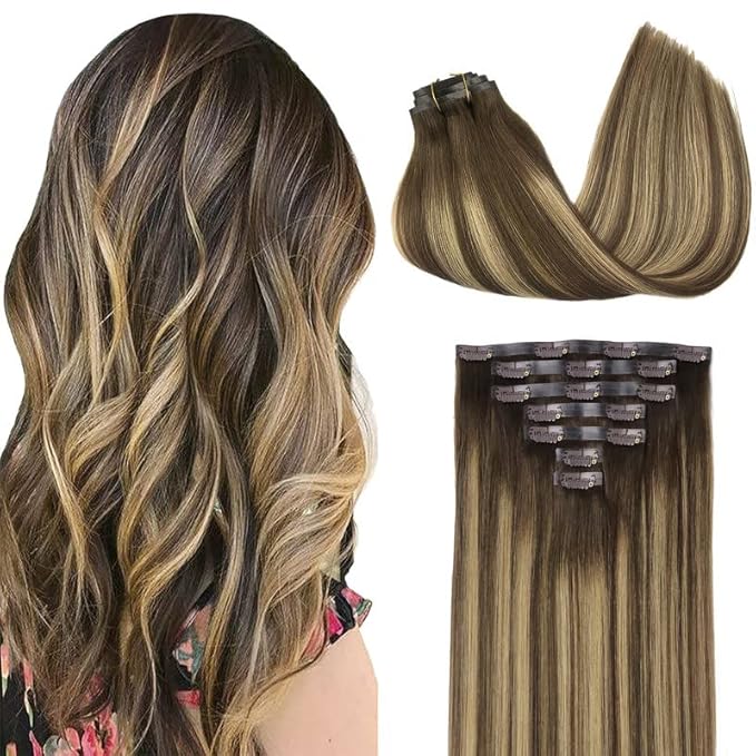 GOO GOO Clip in Hair Extensions Real Human Hair, Remy Human Hair Extensions Clip ins for Women, Natural Human Hair, 18inch 110g 7Pcs, 4/27/4 Balayage Chocolate Brown to Caramel Blonde