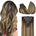 GOO GOO Clip in Hair Extensions Real Human Hair, Remy Human Hair Extensions Clip ins for Women, Natural Human Hair, 16inch 110g 7Pcs, 4/27/4 Balayage Chocolate Brown to Caramel Blonde
