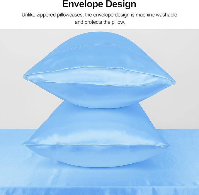 Lirex Satin Pillowcase for Hair and Skin, Super Soft and Cooling Similar to Silk, 2 Pack Standard Size 20"X 26" Pillow Cases with Envelope Closure, Gifts for Women Men, Light Blue