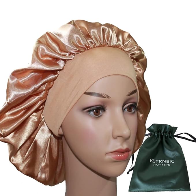 VEYRNEIC Hair Satin Bonnet for Sleeping Shower Caps Silk Chemo Caps with Wide Elastic Band Night Sleep Cap Bonnets for Black Women Braids with Satin Storage Bag (Gold)