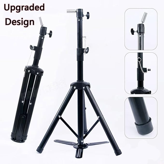 Upgraded Wig Stand Tripod, 55" Heavy Duty Reinforced Adjustable Mannequin Head Stand Tripod for Styling Cosmetology Hairdressing Training, Metal Wig Head Stand Holder with Wig Caps,Paddle Comb T-Pins (55" Black Tripod with Pedal)