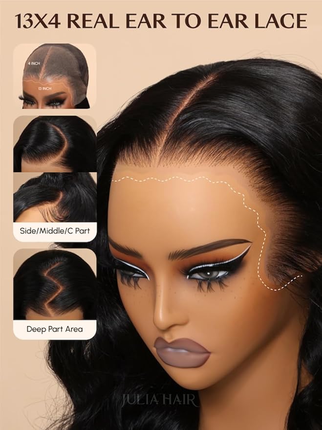 Julia Hair Body Wave Glueless 13x4 Lace Front Wigs Human Hair 12A Pre Cut Lace Frontal Wig Pre Bleached Bye Bye Knots Pre Everything Put on and Go 180% Density Fast Wear Wigs Natural Color 24 Inch