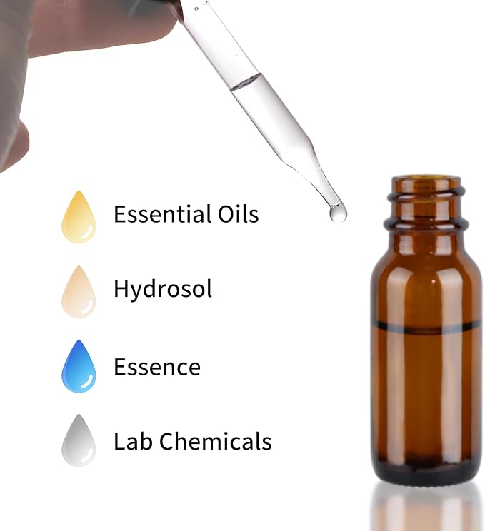 48 Pack 1/2 oz (15ml) Amber Glass Bottles with Glass Eye Droppers for Essential Oils, Perfumes & Lab Chemicals (Brush, Funnels, 2 Extra Droppers, Labels & Measuring Cup Included)