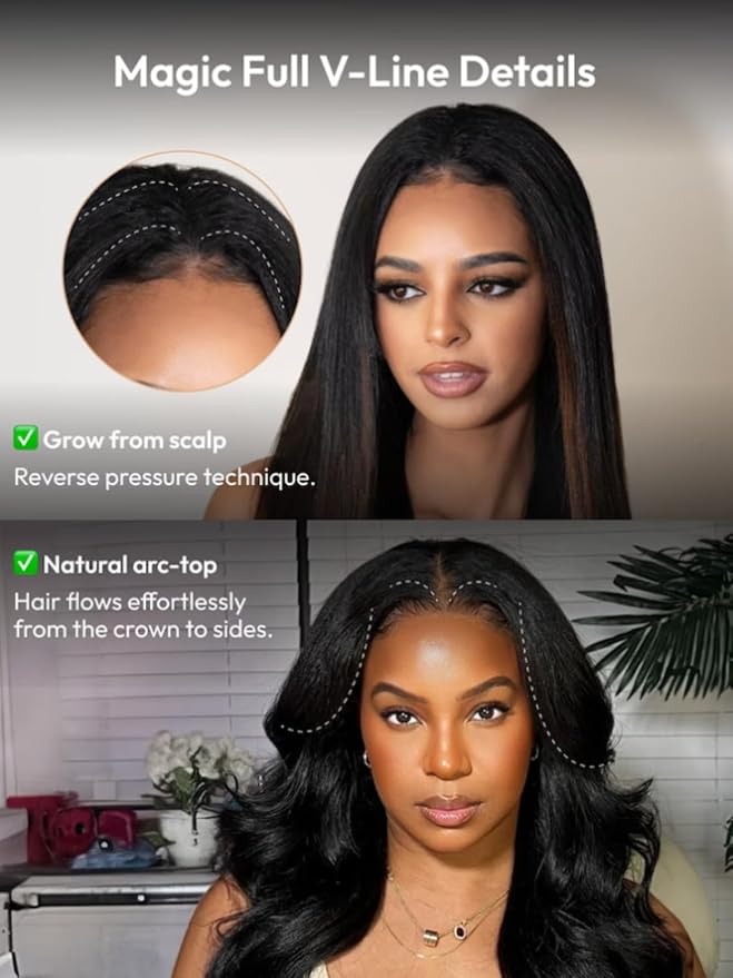 KLAIYI EasiContour V Part Wig Human Hair Body Wave Glueless Upgrade U Part Wig No Leave Out No Gel Clip in Half Wig V Shape Pull and Go Beginner Friendly Ready to Wear Natural Black Color 150% 14Inch