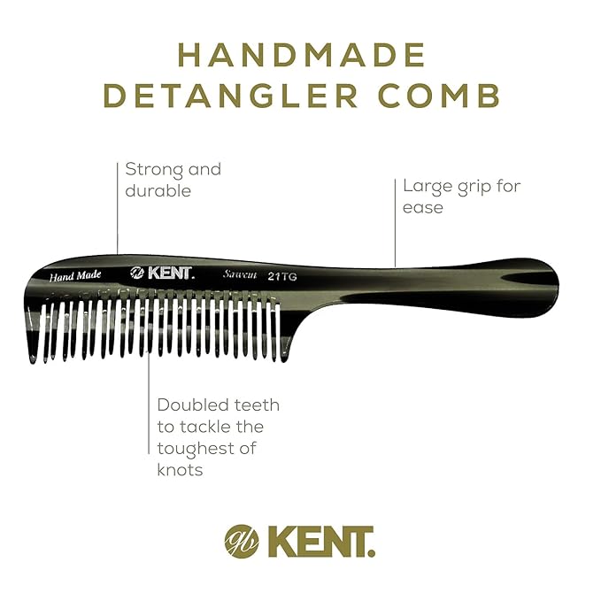 Kent 21T Large Hair Detangling Comb, Double Wide Tooth Comb for Curly Wavy Hair, Detangler for Wet and Dry Hairs, Saw-Cut, Handmade Kent Combs