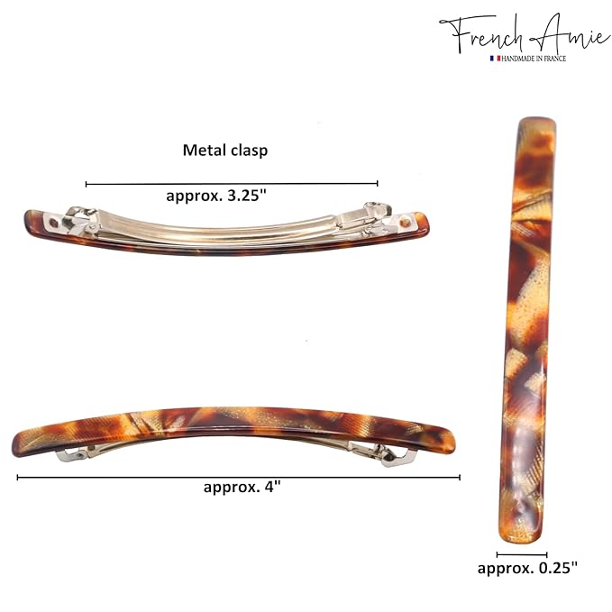 French Amie Long and Thin Caramel Large 4” Handmade Celluloid Automatic Sleek Hair Clip Barrette for Women and Girls (Caramel)