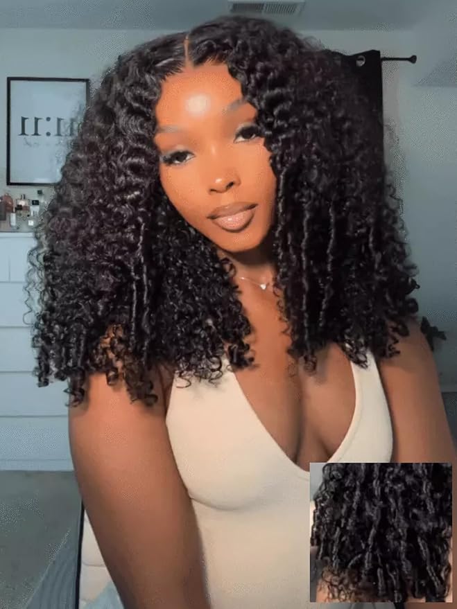 Julia Hair 7x5 Lace Water Curly Texture Wig With Finger Coil Ends Glueless Wigs Human Hair Put On and Go Invisible Lace Pre Plucked Pre Cut Bleached Knots Natural Hairline 22 Inch