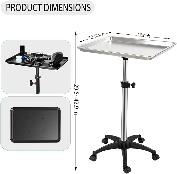 Salon Rolling Tray, Height Adjustable Tattoo Tray Rolling Cart, Storage Utility Trolley for Spa, Beauty Salon Service, Hairdresser Cart with Wheels, Black (Silver)