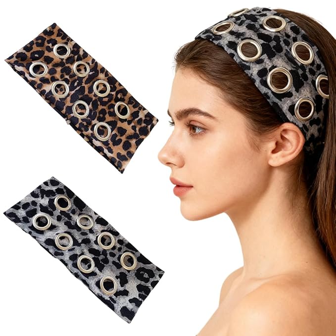 2pack Leopard Grommet Wide Headband Y2K Punk Hollow Out Eyelets Metal Hairband Leopard Print Elastic Hair Accessories For Women Girls