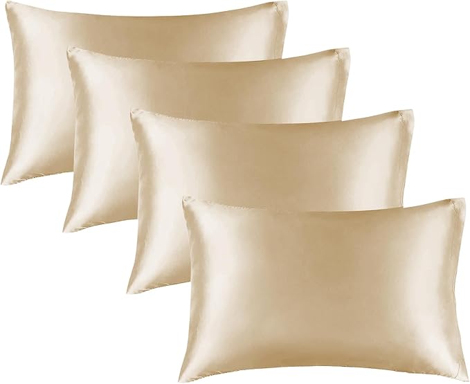 BEDELITE Satin Pillowcase for Hair and Skin, Super Soft Similar to Silk Pillow Cases 4 Pack with Envelope Closure, Cooling Pillowcases for Women Men (20"x26" Standard Size, Champagne)