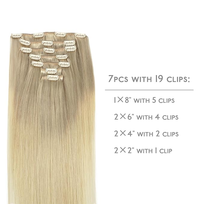 WENNALIFE Clip In Human Hair Extensions, 14 Inch 120g 7pcs Ash Blonde to Golden Blonde and Platinum Blonde Ombre Clip in Human Hair Remy Clip in Hair Extensions Real Human Hair Double Weft