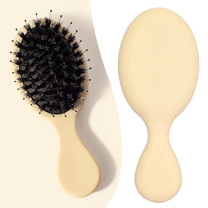 Mini Boar Bristle Hair Brush - Boar & Nylon Bristle Small Brush for Women Kids Long Short Hair to Smooth Add Shine - Travel Size Hair Brush for Purse,Pocke, Yellow