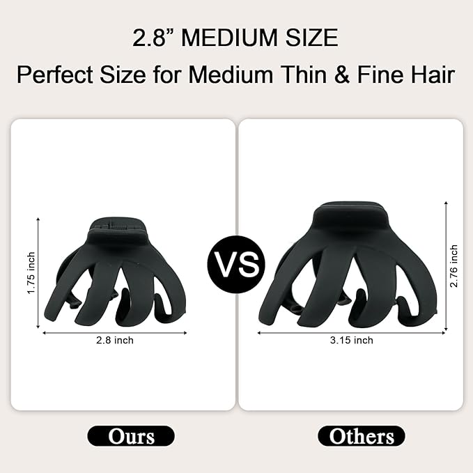 2.8" Medium Octopus Hair Clips for Women, Matte Claw Clips for Thin Hair, 90' Strong Hold Non-slip Spider Octopus Clip for Fine Hair Jaw Clips (Black & Tortoise)