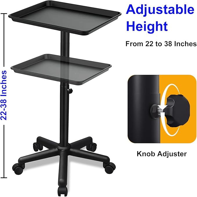 Salon Tray on Wheels- Adjustable Salon Service Rolling Tray Suitable for Mayo Stand,Tattoo Tray and Dentist Tray(Black)