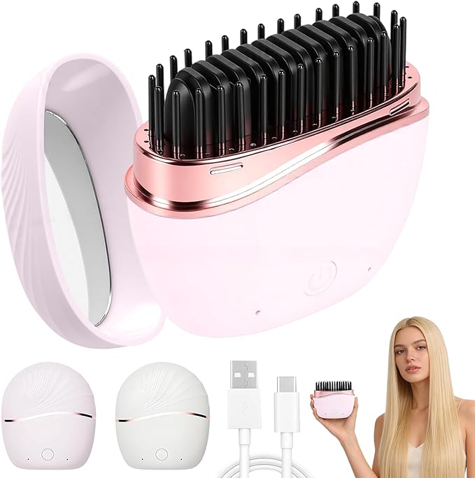 Mini Straightener, Rechargeable Portable Hair Straightener Comb, Fast Heating Hot Comb with Mirror, Wireless 2-in-1 Hairs Dressing Combs with 2 Adjustable Temperatures (Pink)