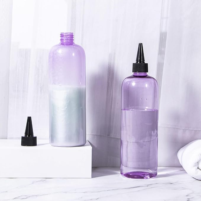 driew Applicator Bottles for Hair, 16.9oz Hair Squeeze Bottle for liquids Twist-On Top Tip Cap with Ratio Graduated Scale Color Applicator Bottle Dye Pack of 2 (16.9oz Clear Purple)