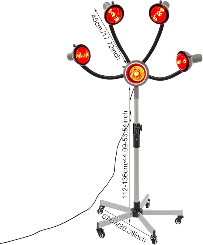 5 Head Infrared Light Heat Therapy Red Lamp, Salon Hair Steamer Perming Dyeing Adjustable Height Machine with Rolling Wheels, Infrared Dryer Hair Drying Care, Standing Infrared Heater