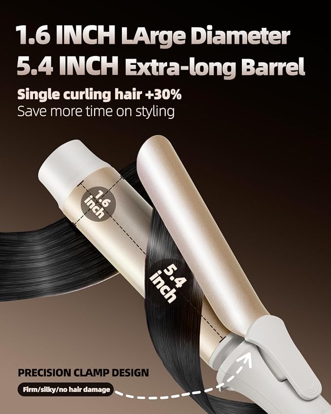 Large Hair Curling Wand, 1.6 Inch Big Barrel Curling Iron, 43 Million Ionic Ceramic Curler with 3 Temp, Auto Shut-Off, Long Barrel Curling Wand for Long Hair, Dual Voltage, White