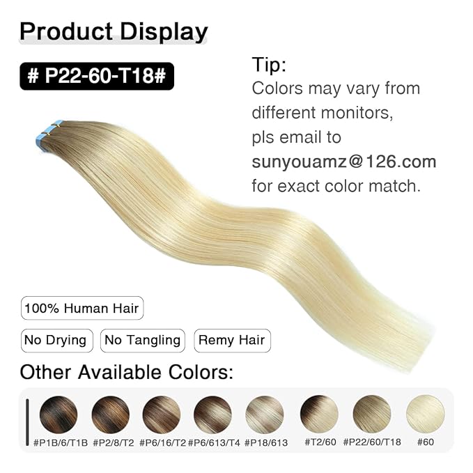 SUYYA Tape in Hair Extensions Human Hair Balayage Ash Blonde to Medium Blonde and Platinum Blonde 40g/pack 20pcs Straight Seamless Skin Weft Tape in Real Human Hair Extensions(16inch #P22/60/T18)