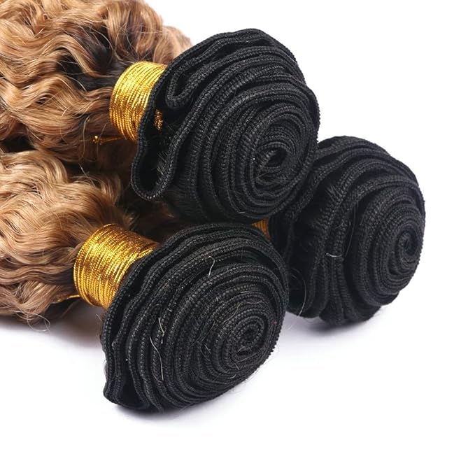 Honey Blonde Bundles Human Hair Ombre Deep Wave Bundle 22 24 26 Inch Peruvian Virgin Remy Hair Extensions Double Weft 2 Tone Black and Blonde Deep Wave Bundle Hair Weave 150g